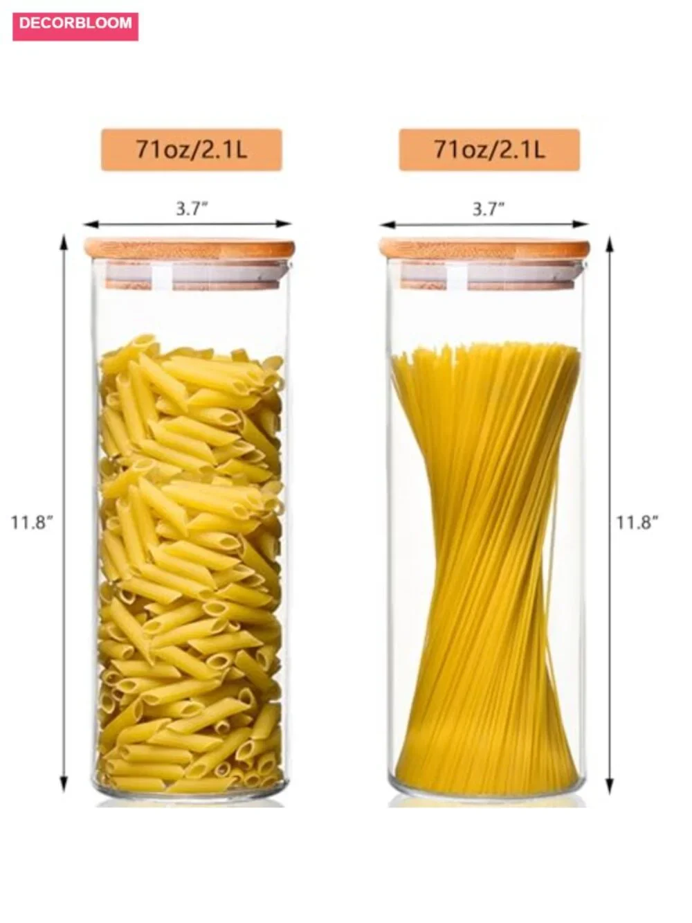 Glass Spaghetti Pasta Storage Containers 71oz Set of 2 with Bamboo Lids Airtight